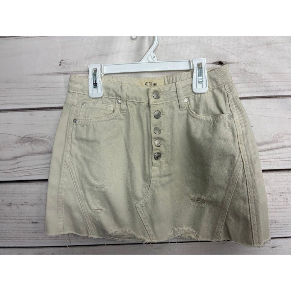 We The Free Free People Cream Distressed Denim Mini Skirt Button Fly Size 27 - Picture 3 of 6